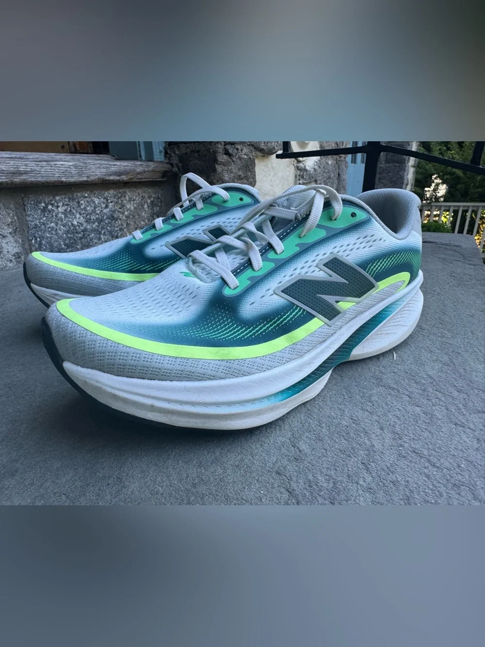 New Balance Grey Teal Running Shoe with Neon Yellow Accent